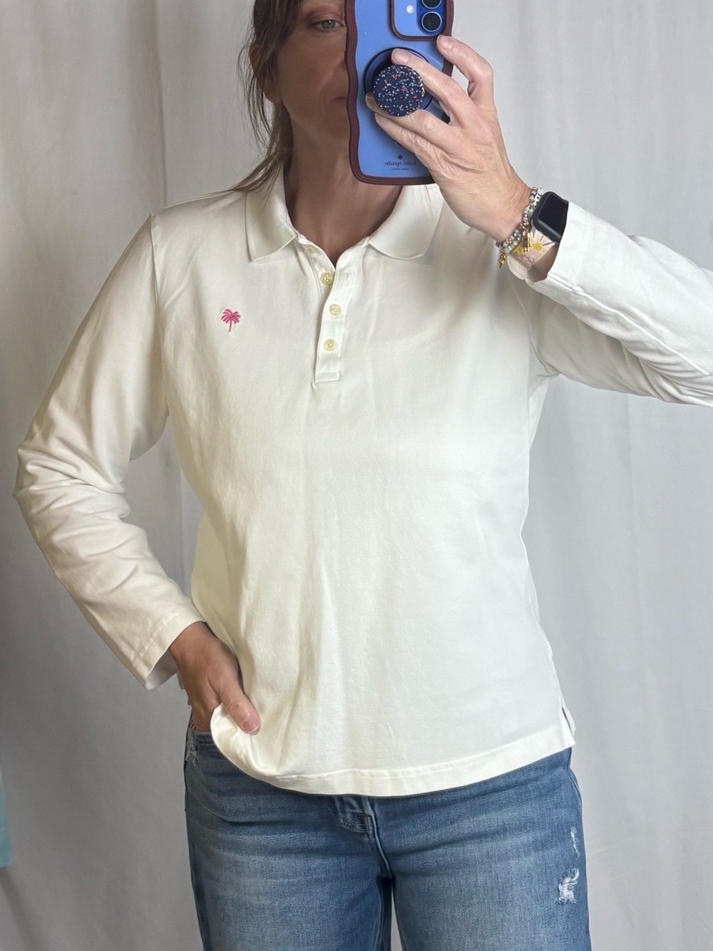 Lilly Pulitzer White Long-Sleeve Button-Down Polo with Pink Palm